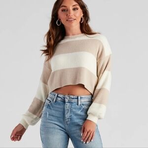 Windsor Fall Chill Striped Crop Sweater Sz Small Tan White